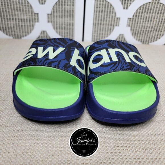 New Balance NWOT Women's Blue & Neon Green Slip On Slides Size 10 - Picture 3 of 11